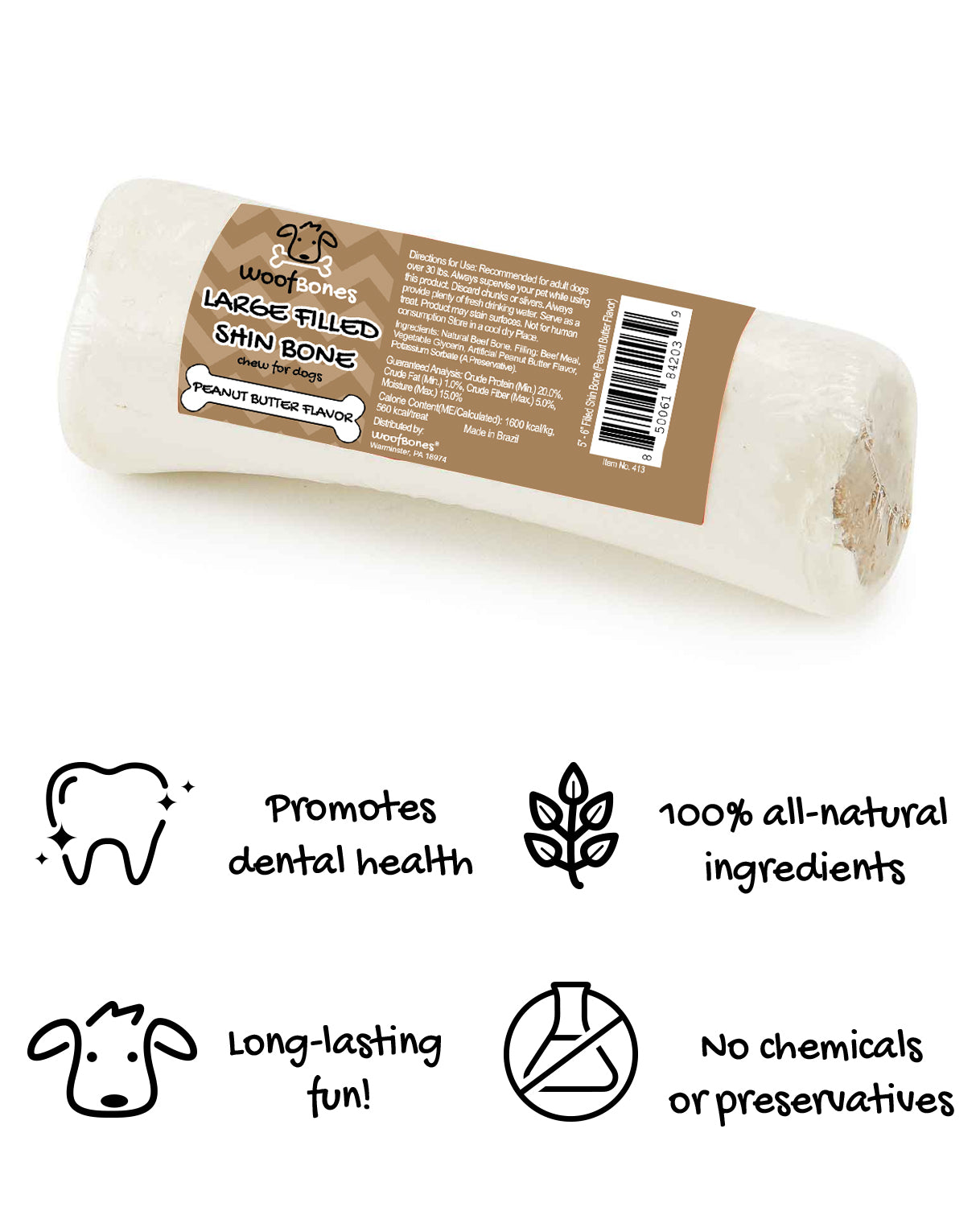 WoofBones Filled Shin Bone Peanut Butter Flavor Large