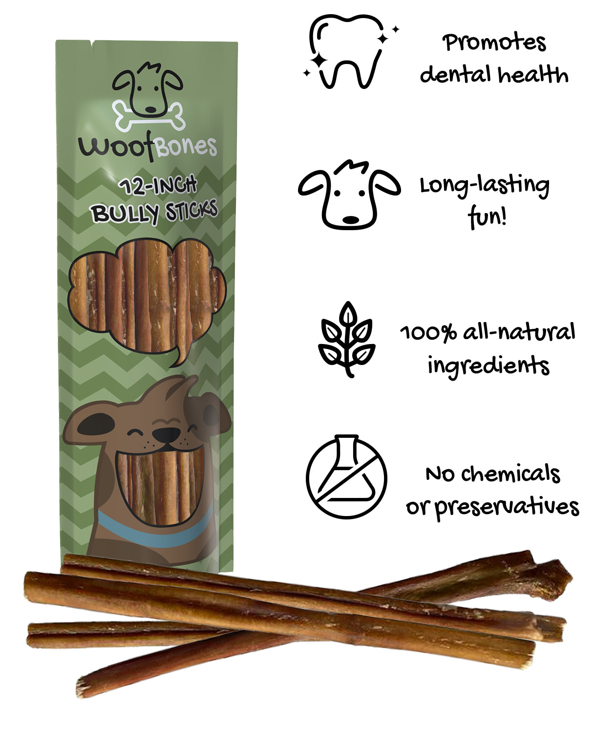 WoofBones Premium 12-inch All-Natural Bully Sticks